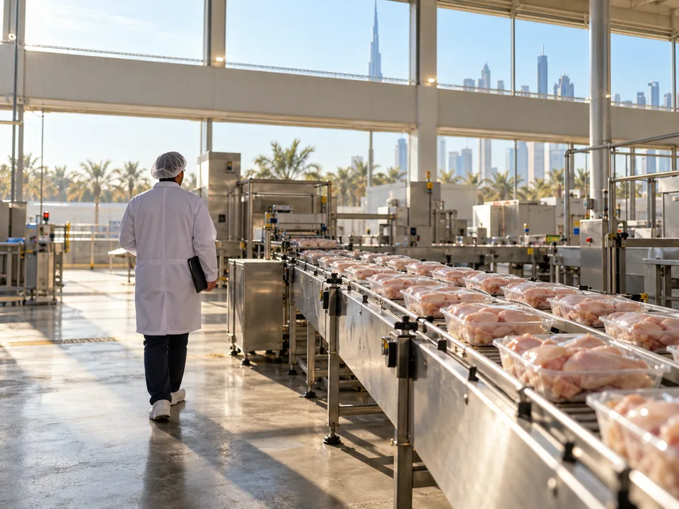 Inspectora de espaldas revisando bandejas de pollo envasado en una planta alimentaria, certificación halal con blockchain en Emiratos Árabes Unidos