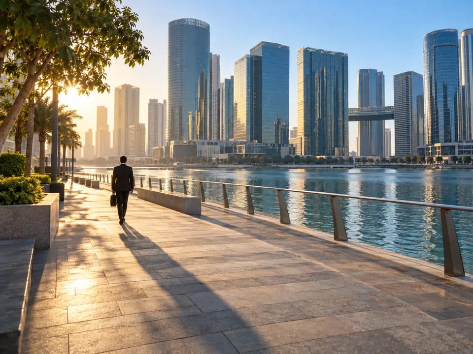 Torres de oficinas de cristal en la isla de Al Maryah, en Abu Dabi, con una persona de espaldas en el paseo, bonos y fondos tokenizados con blockchain en Emiratos Árabes Unidos