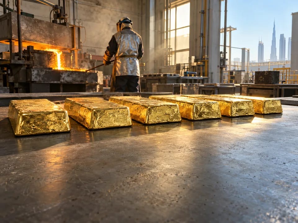 Lingotes de oro recién fundidos sobre una mesa de acero en una refinería, con un técnico de espaldas, oro de origen responsable con blockchain en Emiratos Árabes Unidos