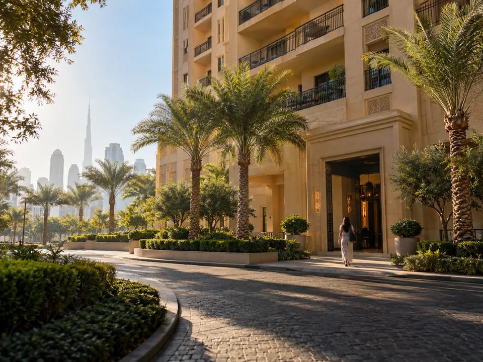 Torre residencial de color arena con balcones en sombra y palmeras a pie de calle en Dubái, fracciones inmobiliarias con blockchain en Emiratos Árabes Unidos