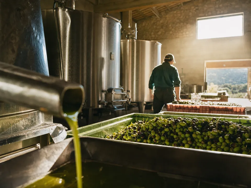 Almazara con aceitunas recién cosechadas y aceite saliendo del caño, trazabilidad del aceite con blockchain en España