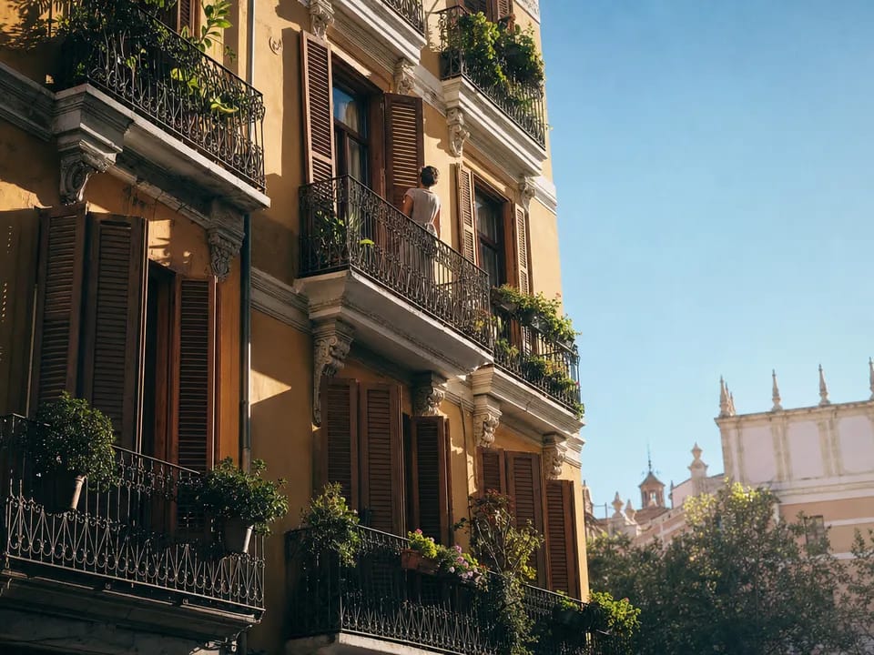 Apartment building with iron balconies in Valencia, real estate shares with blockchain in Spain
