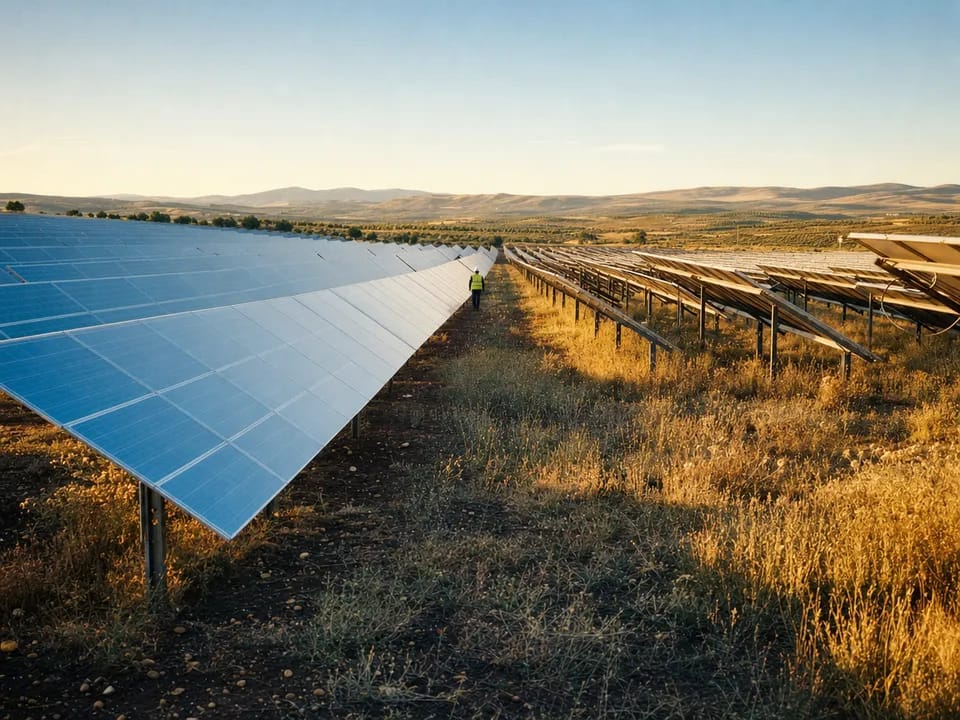 Solar plant on the Castilian plateau at dawn, renewable guarantees of origin with blockchain in Spain