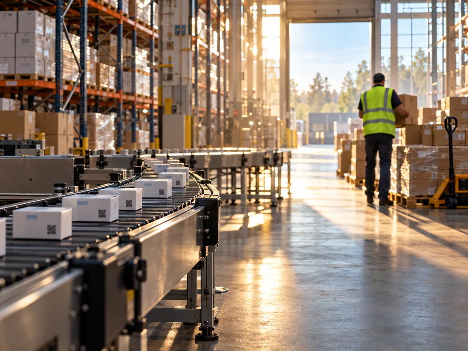 Medicine cartons with 2D codes on a conveyor in a distribution warehouse, drug traceability with blockchain in the United States