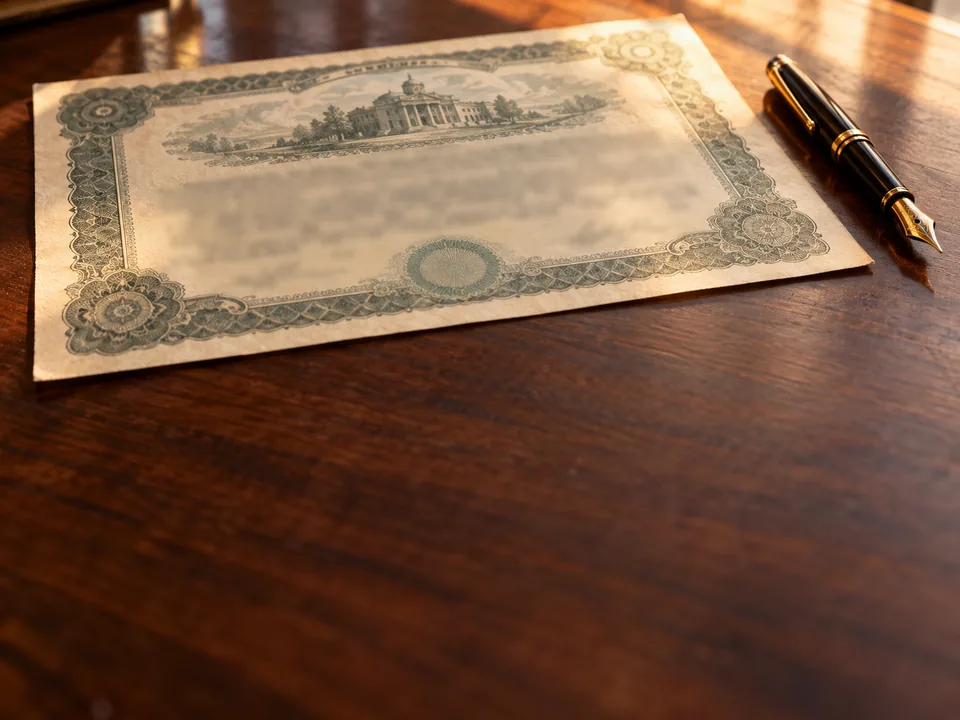 Engraved paper stock certificate on a dark wooden desk, tokenized stocks with blockchain in the United States