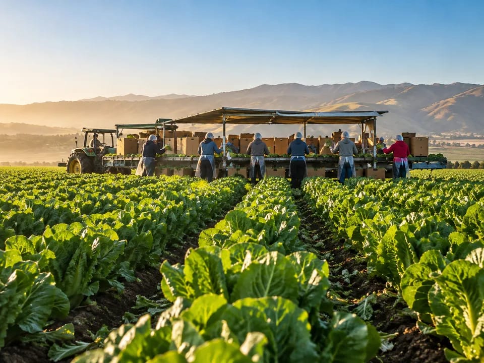 Crew seen from behind harvesting romaine lettuce in a Salinas Valley field, leafy greens traceability with blockchain in the United States
