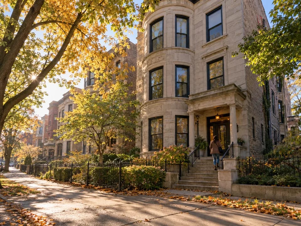 Grey stone apartment building with bay windows on a tree-lined Chicago street, real estate interests with blockchain in the United States