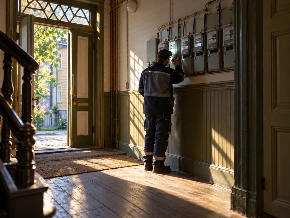 Technician seen from behind checking a row of electricity meters in the entrance of a Tallinn wooden apartment building, electricity meter data with blockchain in Estonia