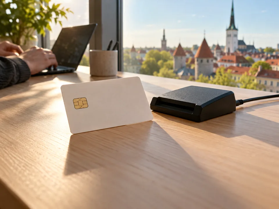 Digital identity card beside its reader on a wooden desk in a Tallinn office, e-resident companies with blockchain in Estonia