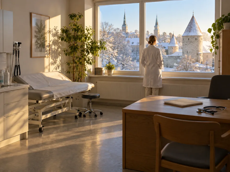 Family doctor seen from behind in a bright Tallinn consulting room with an examination couch and a window onto the courtyard, health record access with blockchain in Estonia