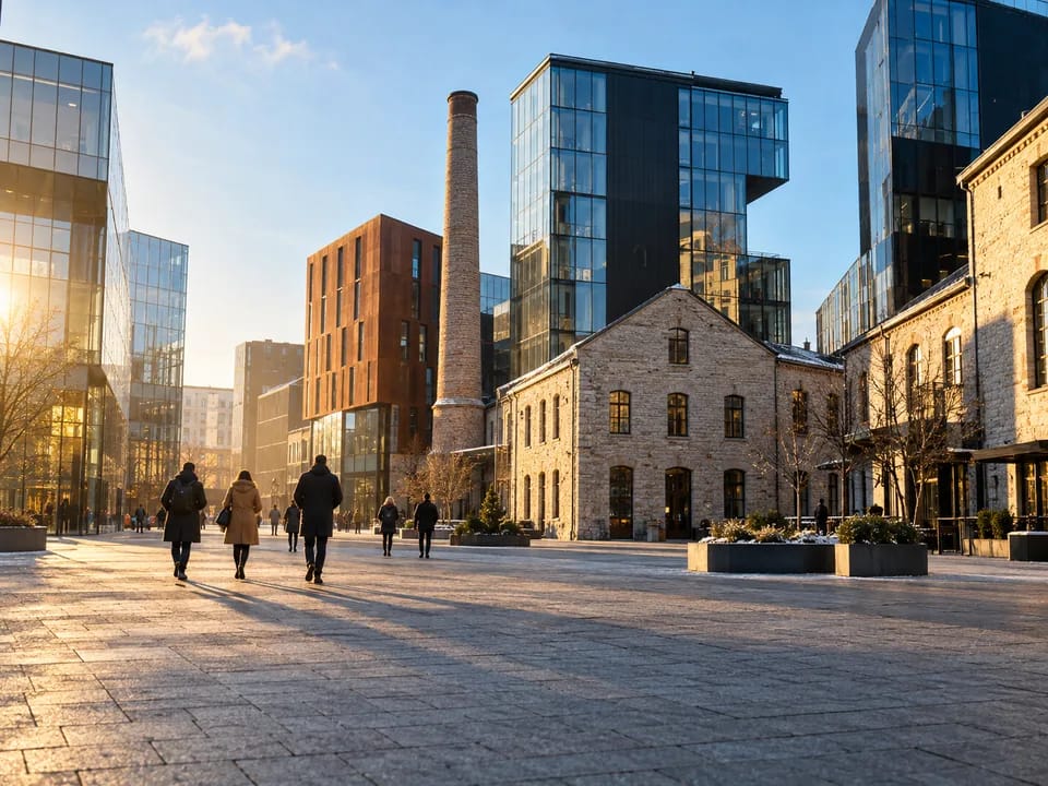 Glass office buildings in Tallinn's Rotermann quarter with pedestrians seen from behind, tokenized securities with blockchain in Estonia