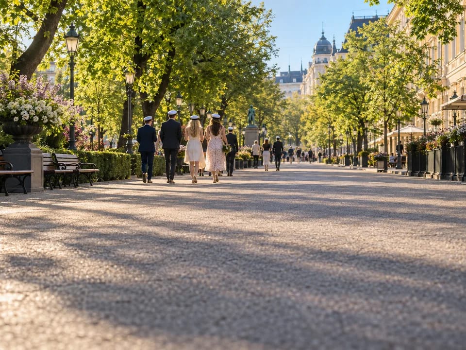 Students seen from behind wearing white graduation caps on a Helsinki street in early summer, digital matriculation exam with blockchain in Finland