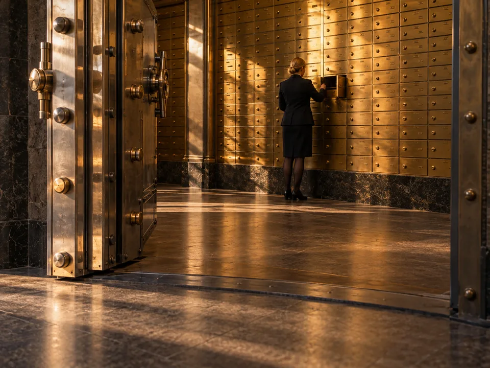 Vault with rows of numbered safe deposit boxes in a Helsinki bank, segregated client custody with blockchain in Finland