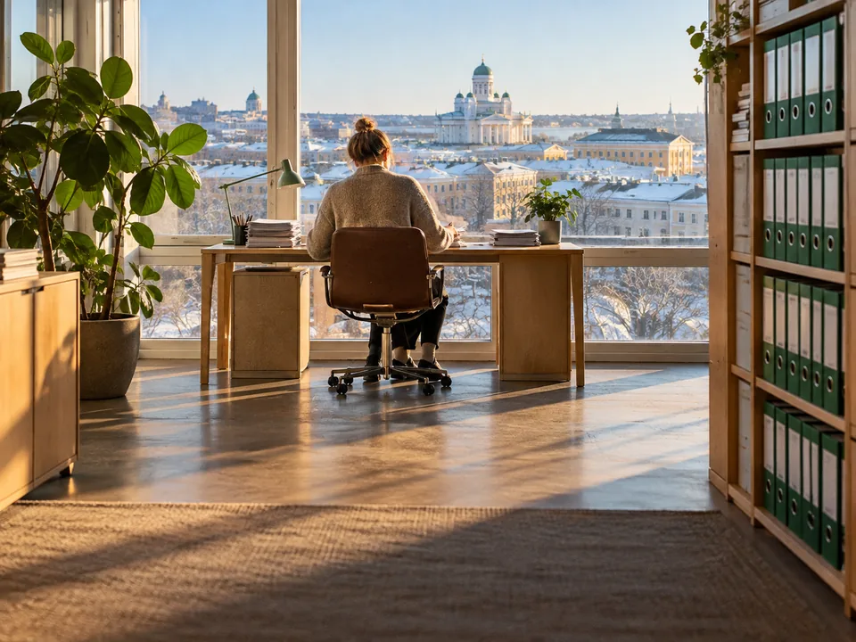 Accountant seen from behind facing binders in a Helsinki office with snowy rooftops outside the window, DAC8 tax data with blockchain in Finland