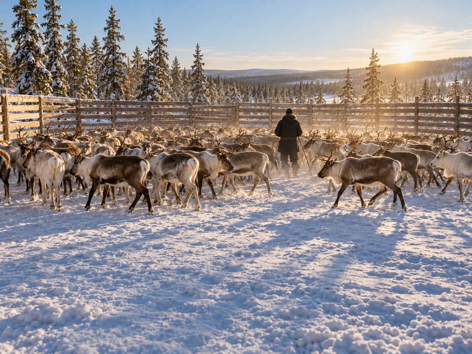 Herd of reindeer in a wooden corral on Lapland snow with a herder seen from behind, reindeer ear marks with blockchain in Finland