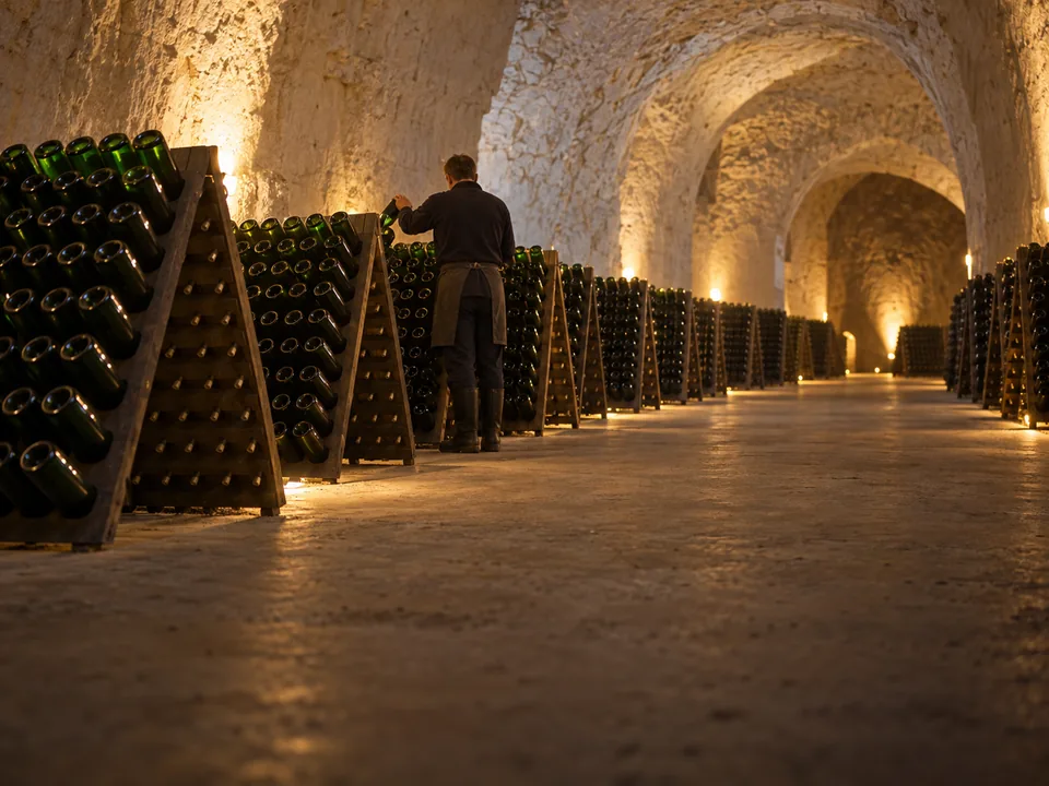 Botellas boca abajo en pupitres de madera dentro de una cava de tiza de Reims, con un bodeguero de espaldas, crianza del champán con blockchain en Francia