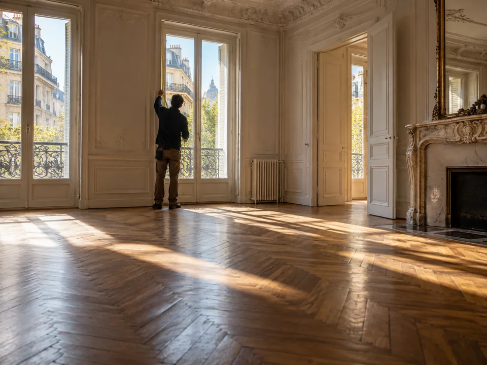 Técnica de espaldas midiendo una ventana alta en un piso haussmanniano de París con suelo de parqué, diagnóstico energético de viviendas con blockchain en Francia