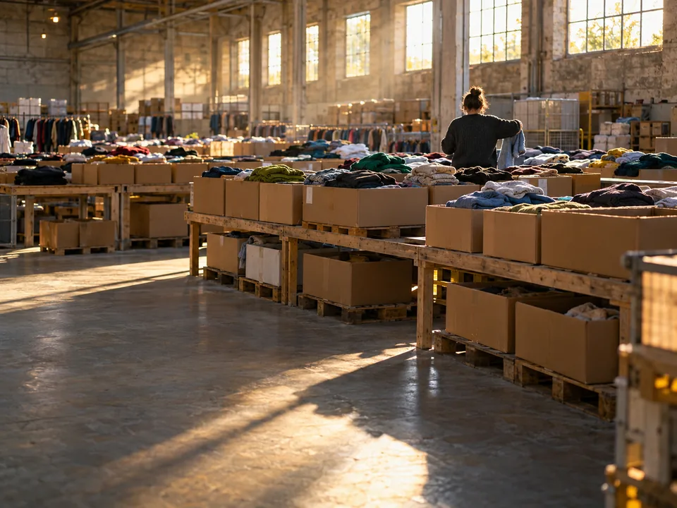 Cajas de prendas dobladas en un centro de clasificación de ropa del norte de Francia con una operaria de espaldas, invendidos de moda con blockchain en Francia