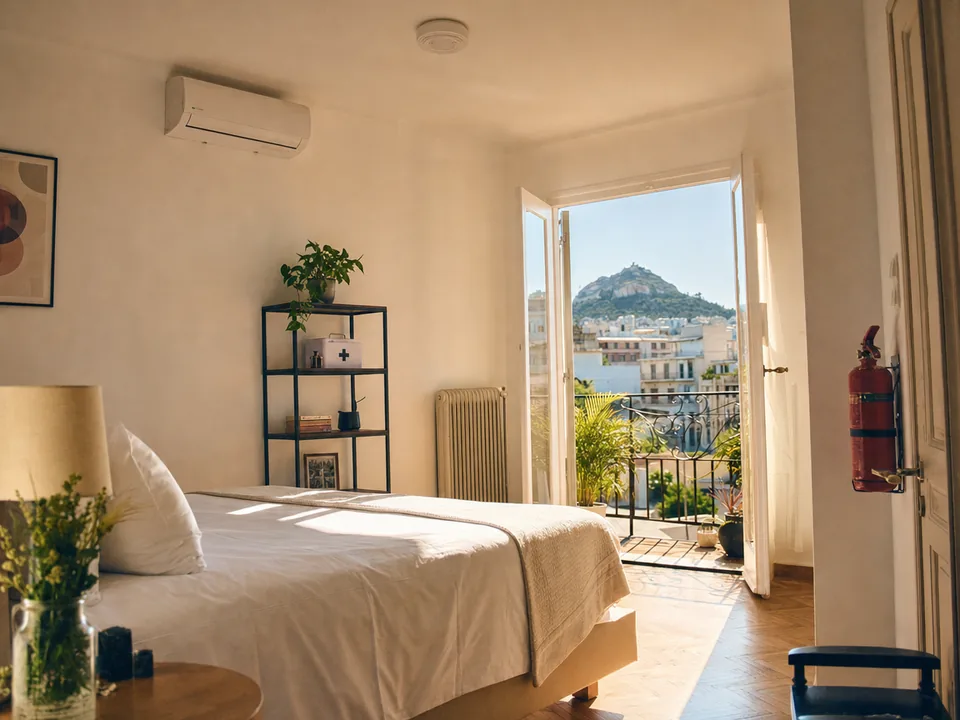 Bright bedroom of a holiday apartment in Athens with a smoke detector on the ceiling and a fire extinguisher by the door, holiday rentals with blockchain in Greece