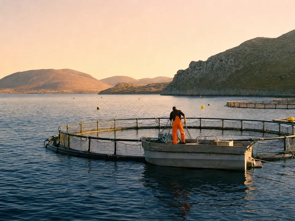 Circular aquaculture cages in a Greek bay at dawn with a work boat alongside, farmed sea bream traceability with blockchain in Greece