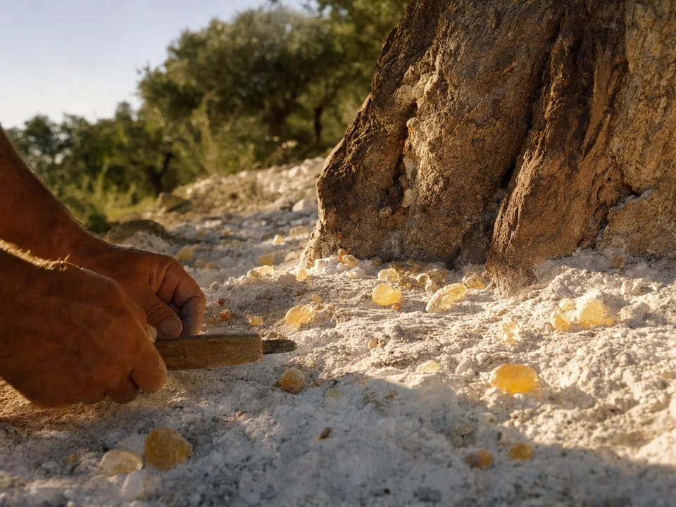 Tears of mastiha resin drying on white earth beneath a mastic tree in southern Chios, mastiha traceability with blockchain in Greece