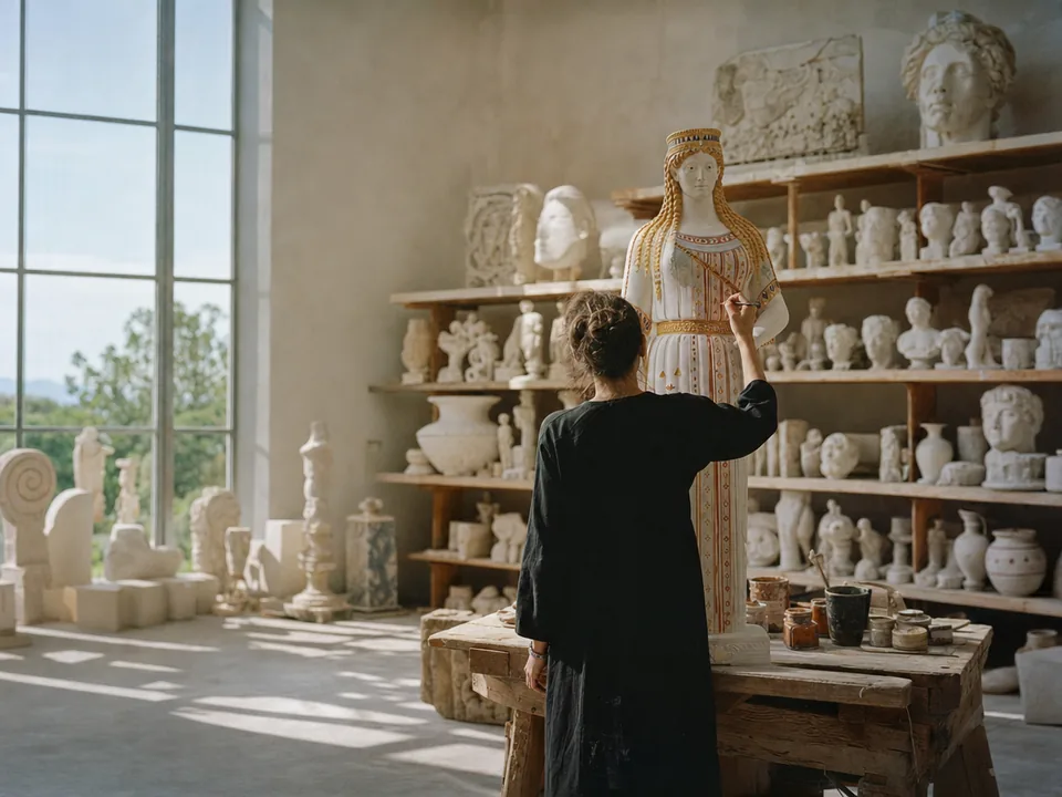 Craftswoman seen from behind painting a plaster replica of an archaic Greek statue in a museum replica workshop, museum replicas with blockchain in Greece