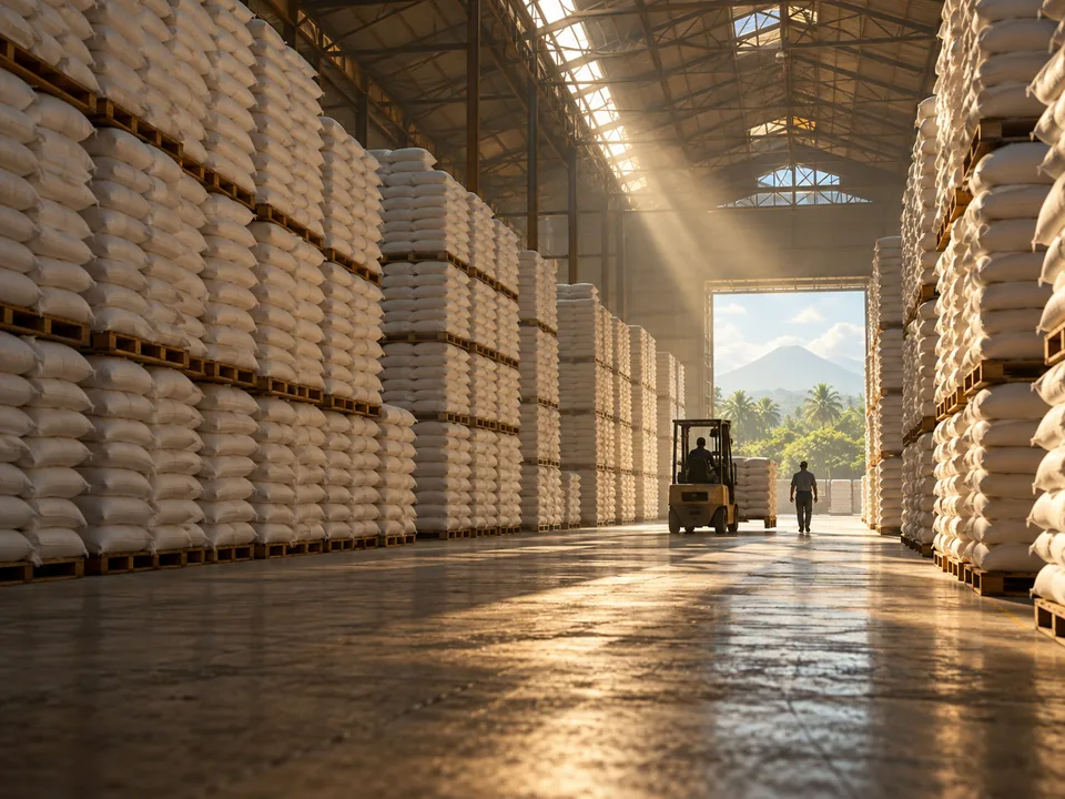 Sugar mill warehouse with sacks of sugar stacked to the roof, inventory as collateral with blockchain in Guatemala