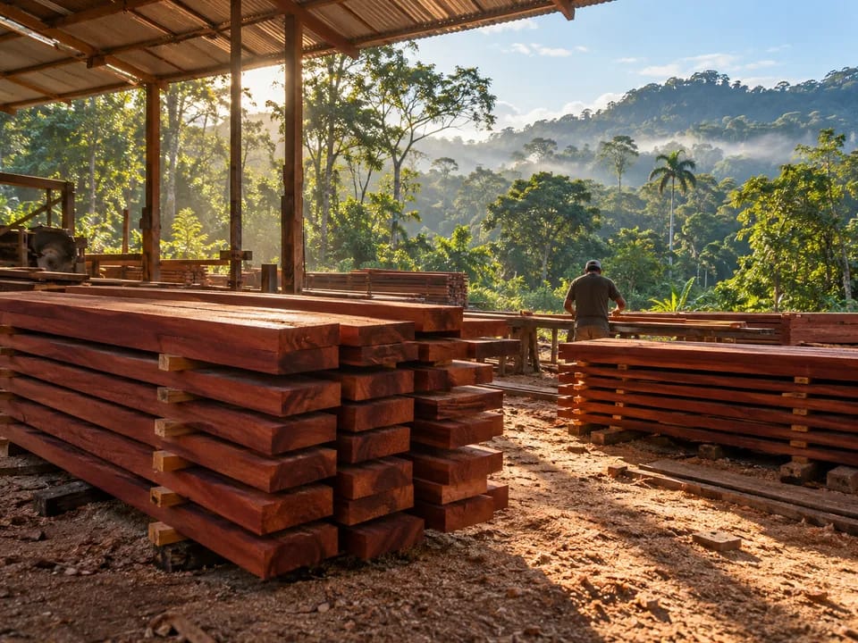 Reddish mahogany planks stacked at a sawmill beside the Petén forest, CITES-permitted mahogany with blockchain in Guatemala