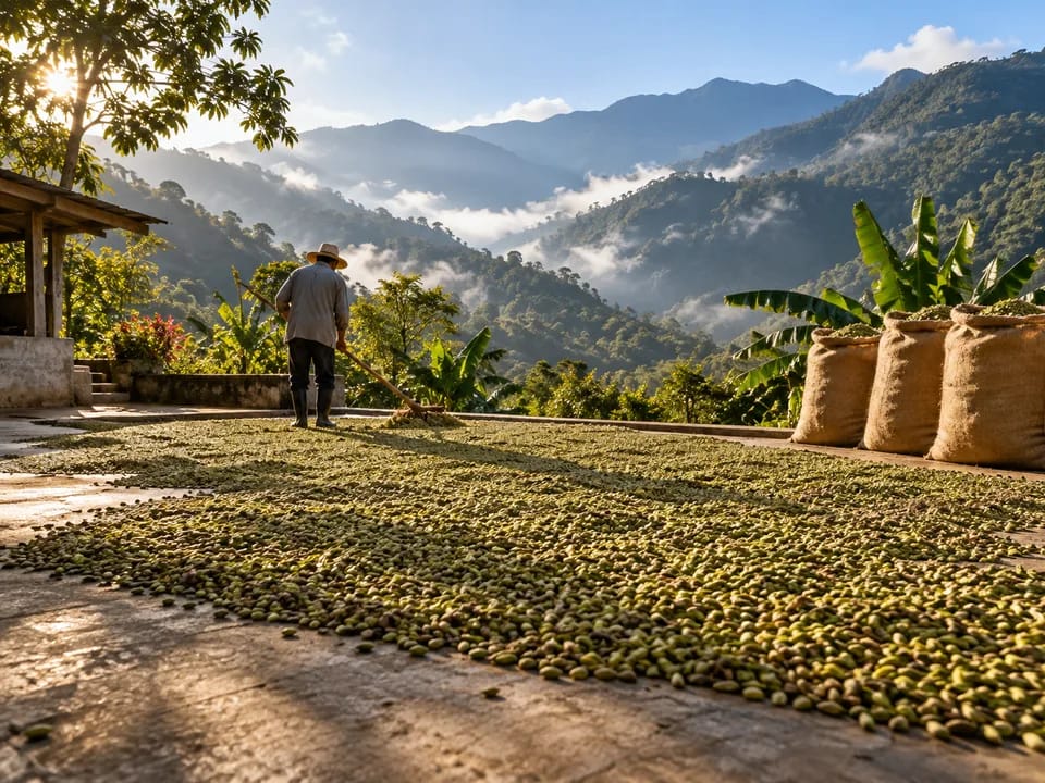 Green cardamom pods drying on a concrete patio beside jute sacks, export cardamom with blockchain in Guatemala