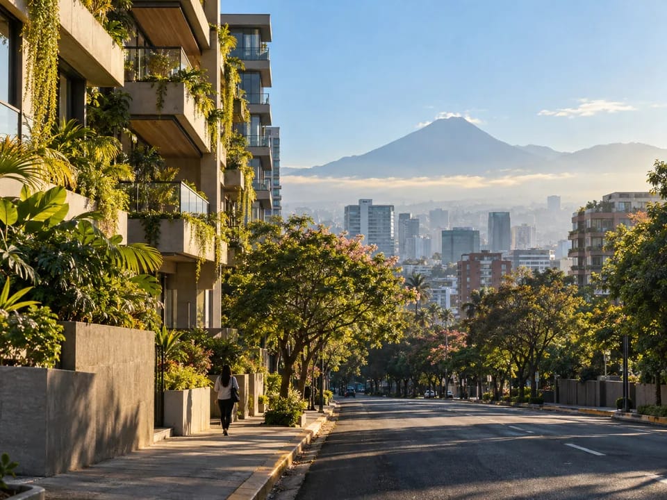 Office and residential building in Guatemala City with a volcano in the background, registered real estate securities with blockchain in Guatemala
