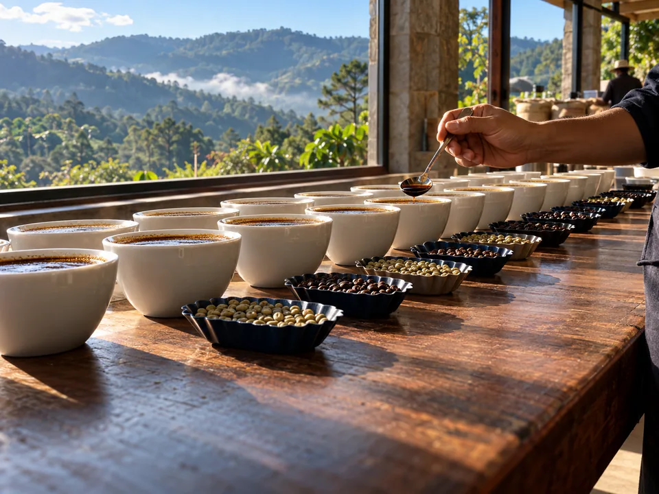 Cupping table with rows of cups and samples of green and roasted coffee, Marcala coffee with blockchain in Honduras