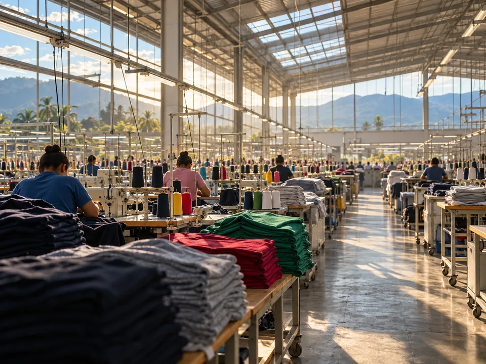 Garment factory floor in San Pedro Sula with rows of sewing machines and cones of thread, CAFTA-DR textile origin with blockchain in Honduras