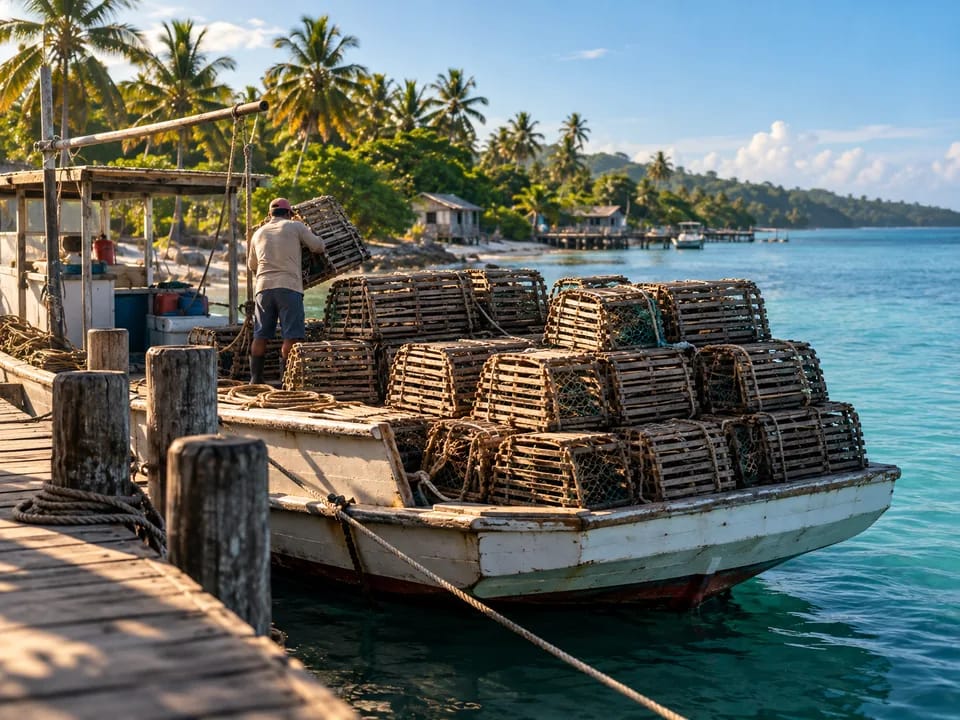 Lobster boat moored at a dock on the Honduran Caribbean coast with wooden traps stacked on deck, lobster outside the closed season with blockchain in Honduras
