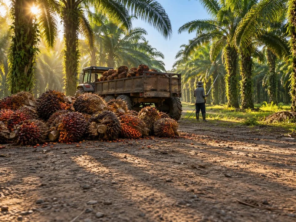 Freshly cut oil palm fruit bunches beside a trailer on a plantation on the northern coast, traceable palm oil with blockchain in Honduras