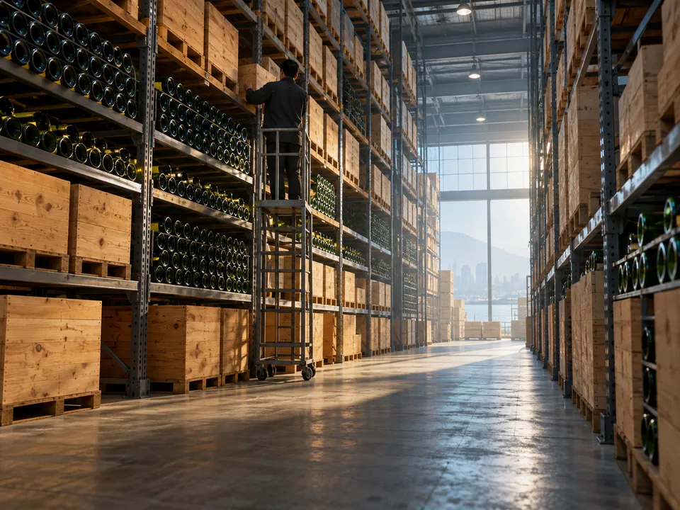 Wooden wine cases stacked in a climate-controlled Hong Kong warehouse with a worker seen from behind, fine wine provenance with blockchain in Hong Kong