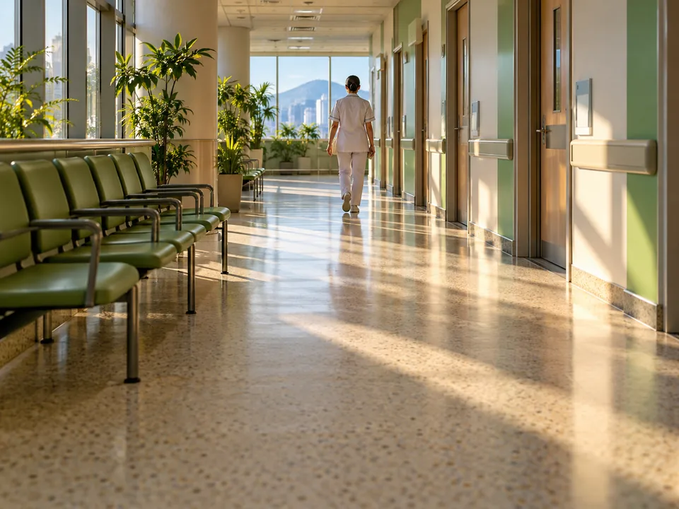 Corridor of a Hong Kong outpatient clinic with a nurse seen from behind and patient folders, shared health records with blockchain in Hong Kong