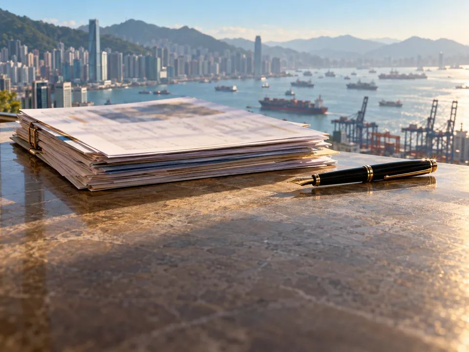 Shipping documents on a desk with ships out of focus in Victoria Harbour behind, trade documents with blockchain in Hong Kong