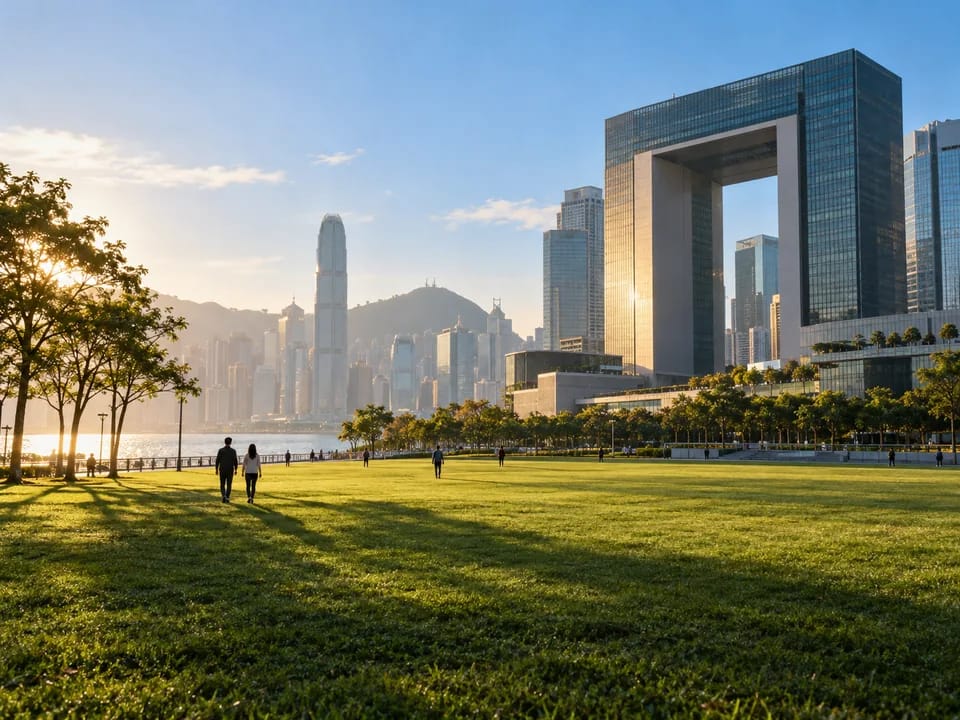 Central Government Offices at Tamar beside Victoria Harbour in early light, tokenized green bonds with blockchain in Hong Kong