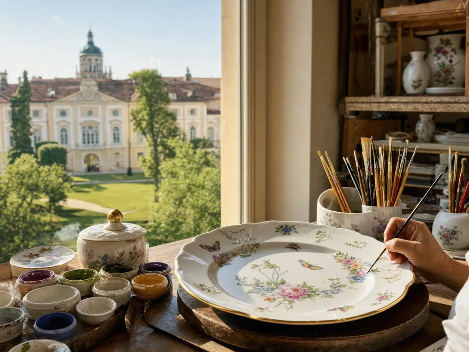 Plato de porcelana pintado a mano con motivos florales en la mesa de un taller de Herend, porcelana de Herend con blockchain en Hungría