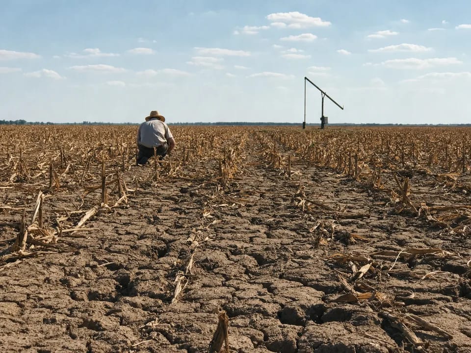 Campo de maíz seco con la tierra agrietada en la Gran Llanura húngara a finales de verano, daños agrícolas por sequía con blockchain en Hungría