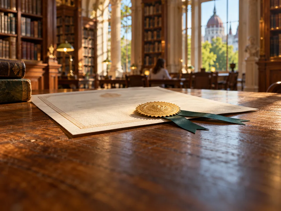 Título universitario con sello en relieve sobre una mesa de biblioteca en Budapest, títulos de becarios internacionales con blockchain en Hungría