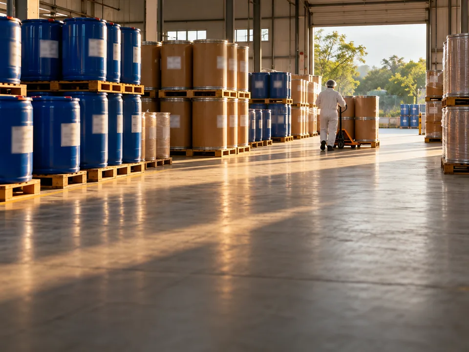 Drums of active pharmaceutical ingredient with out-of-focus labels in an Indian pharmaceutical plant warehouse and a worker seen from behind, API traceability with blockchain in India