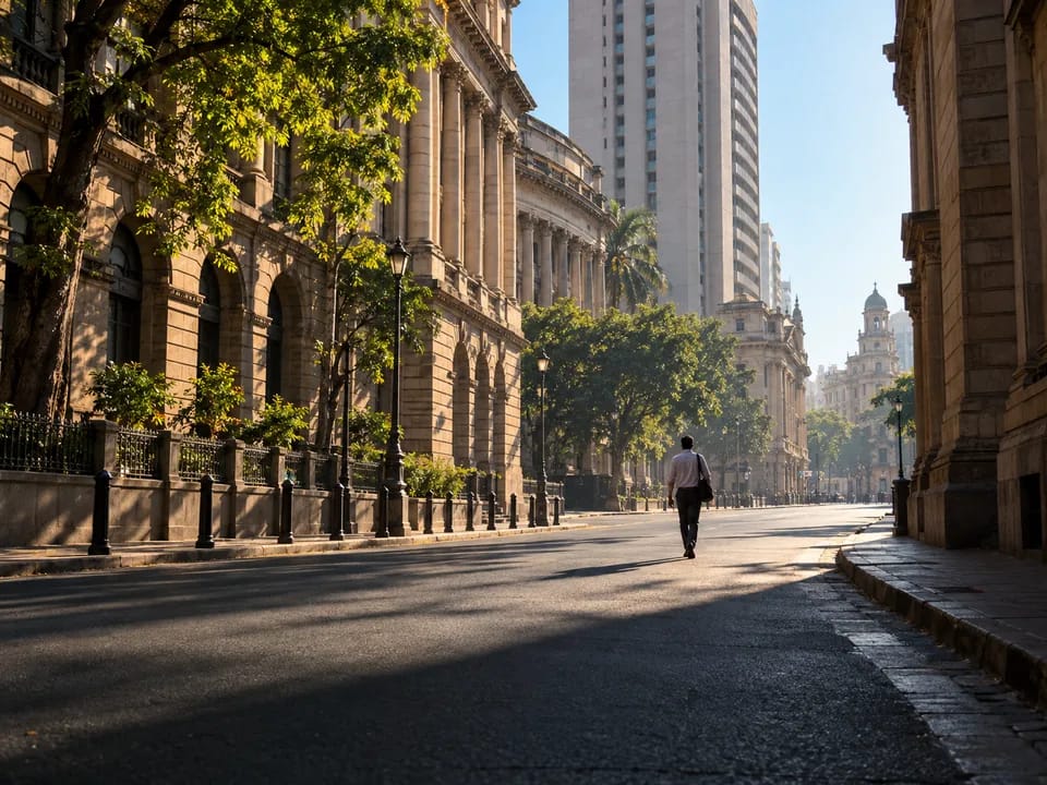 Office buildings on Dalal Street, Mumbai, in early light with a pedestrian seen from behind, tokenized corporate bonds with blockchain in India
