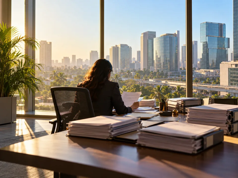 Compliance analyst seen from behind reviewing printed reports in a Bandra Kurla office in Mumbai, verifiable AML controls with blockchain in India