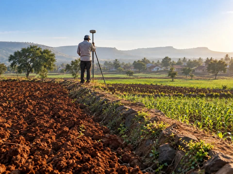 Surveyor seen from behind with a tripod between farm plots marked by earth boundaries, unique land parcel IDs with blockchain in India
