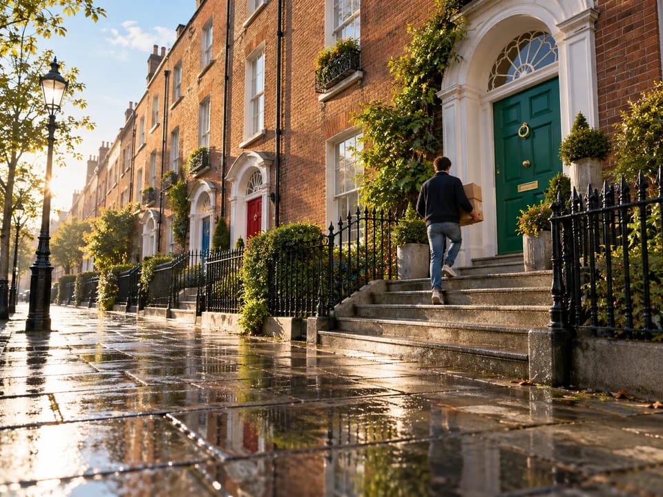 Hilera de casas georgianas de ladrillo con puertas de colores en Dublín y una inquilina de espaldas con una caja de mudanza, arrendamientos registrados con blockchain en Irlanda