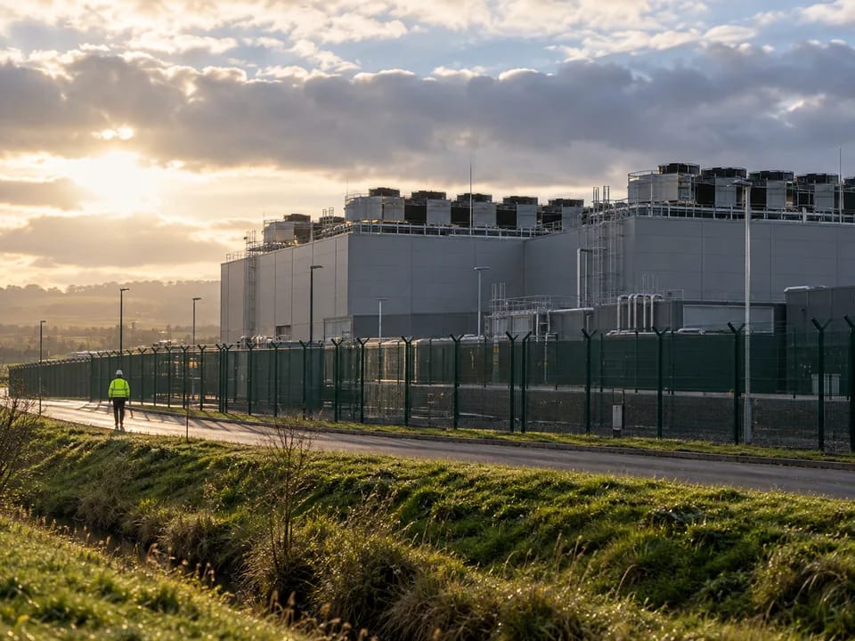 Nave de un centro de datos con unidades de refrigeración en la cubierta a las afueras de Dublín y un técnico de espaldas, consumo de centros de datos con blockchain en Irlanda