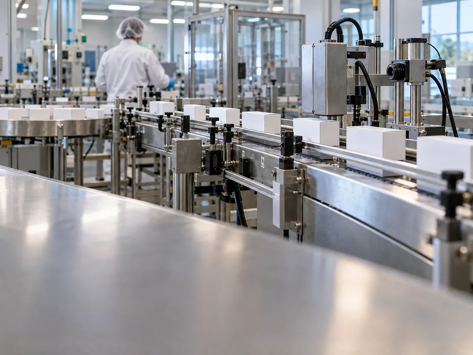 Medicine packs moving along a packaging line in an Irish pharmaceutical plant with an operator seen from behind, medicine serialisation with blockchain in Ireland