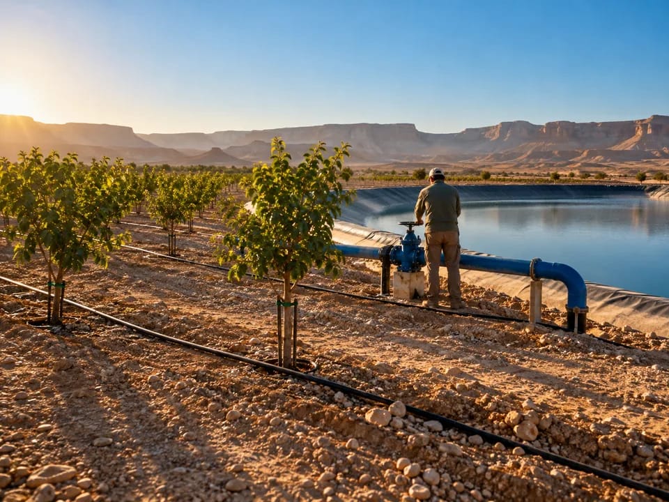Farmer seen from behind opening a drip irrigation valve in an orchard beside a reclaimed water reservoir in the Negev, reclaimed water with blockchain in Israel