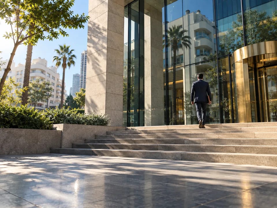 Stone and glass entrance of a financial building in central Tel Aviv with a person seen from behind, government bonds on DLT with blockchain in Israel